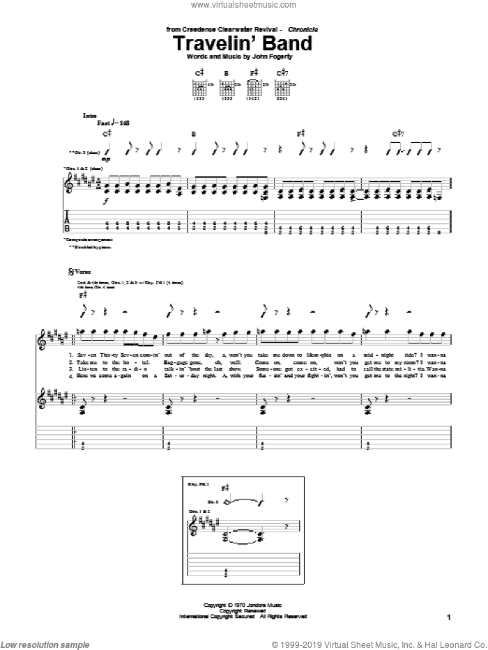 Travelin' Band sheet music for guitar (tablature) by Creedence Clearwater Revival and John Fogerty, intermediate skill level