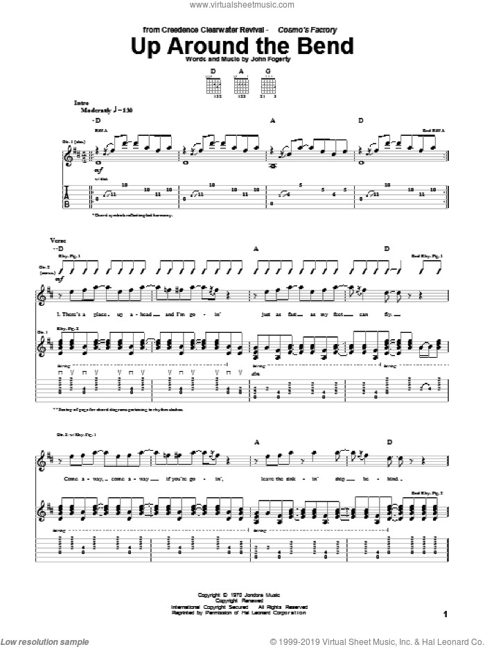 Up Around The Bend sheet music for guitar (tablature) by Creedence Clearwater Revival and John Fogerty, intermediate skill level