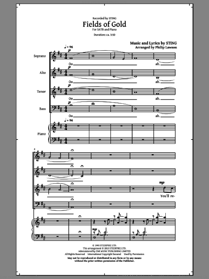 Fields Of Gold (arr. Philip Lawson) sheet music for choir (SATB: soprano, alto, tenor, bass) by Sting and Philip Lawson, intermediate skill level