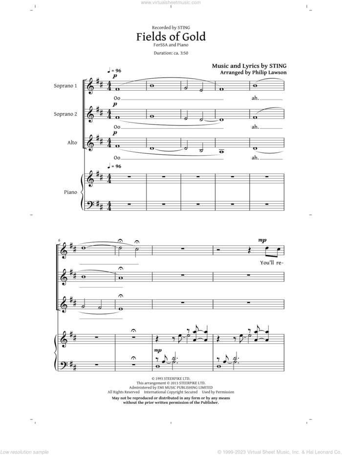 Fields Of Gold (arr. Philip Lawson) sheet music for choir (SSA: soprano, alto) by Sting and Philip Lawson, intermediate skill level