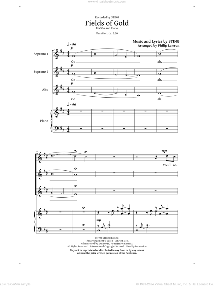 Fields Of Gold (arr. Philip Lawson) sheet music for choir (SSA: soprano, alto) by Sting and Philip Lawson, intermediate skill level