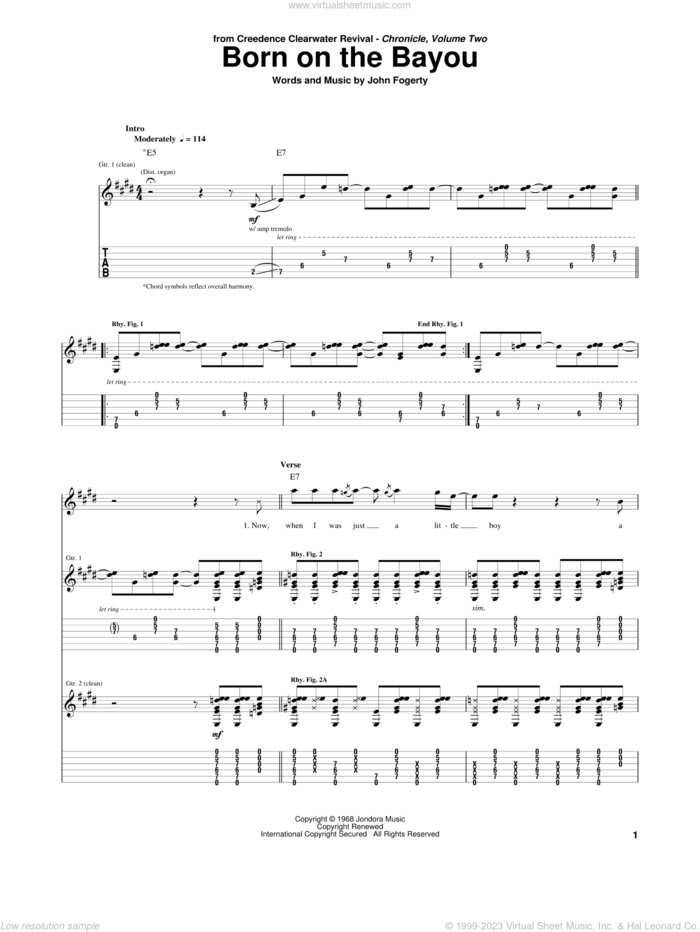 Born On The Bayou sheet music for guitar (tablature) by Creedence Clearwater Revival and John Fogerty, intermediate skill level