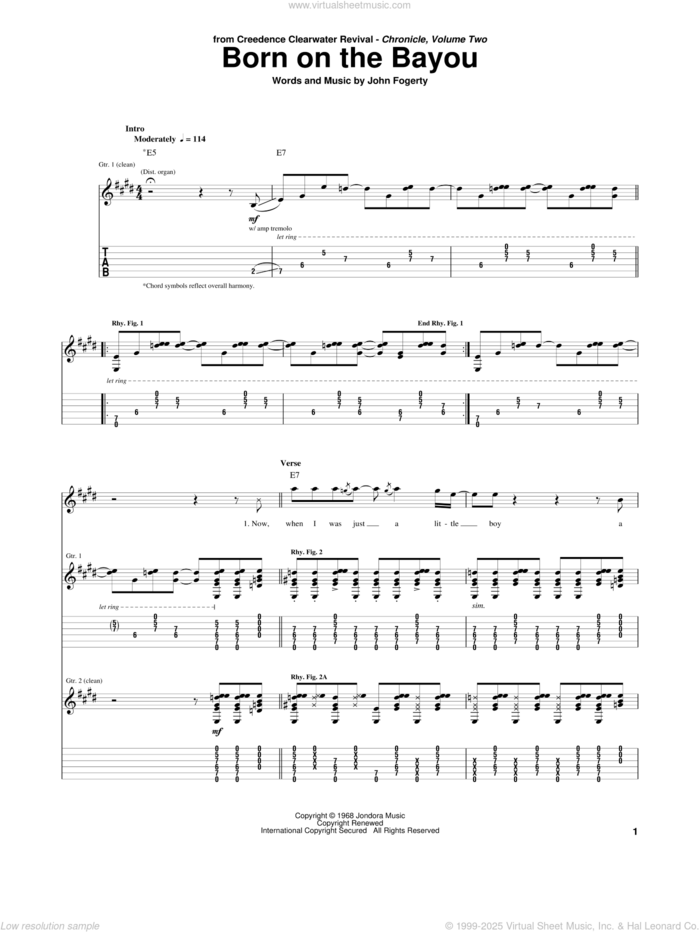 Born On The Bayou sheet music for guitar (tablature) by Creedence Clearwater Revival and John Fogerty, intermediate skill level