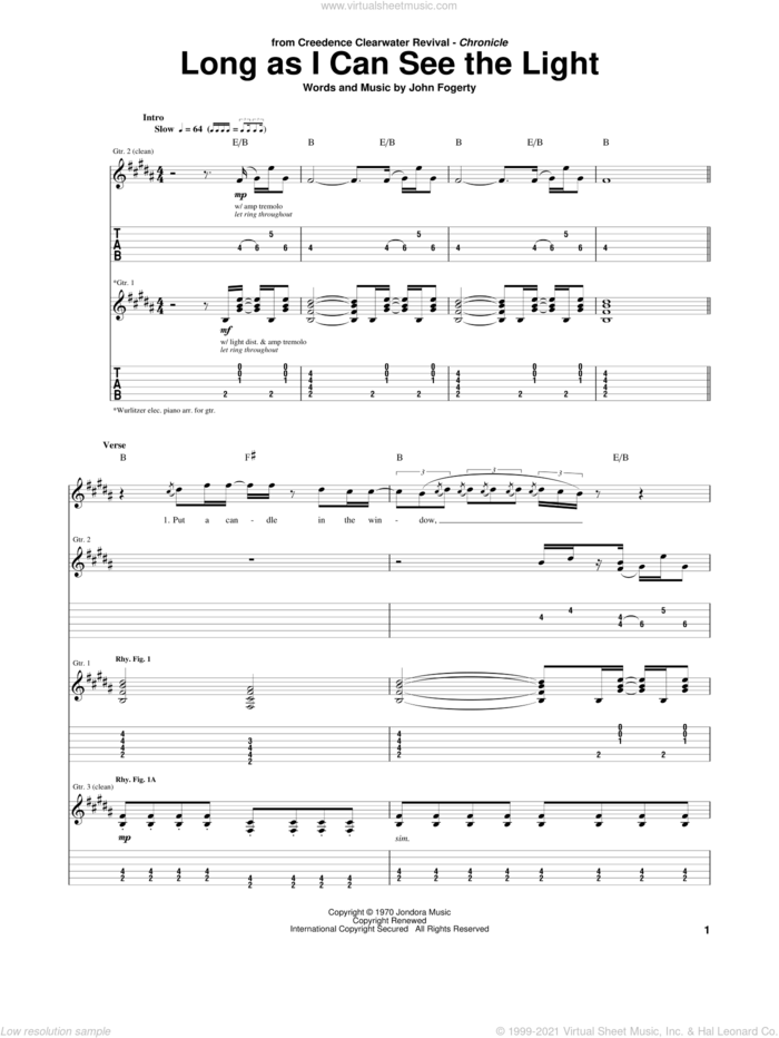 Long As I Can See The Light sheet music for guitar (tablature) by Creedence Clearwater Revival and John Fogerty, intermediate skill level