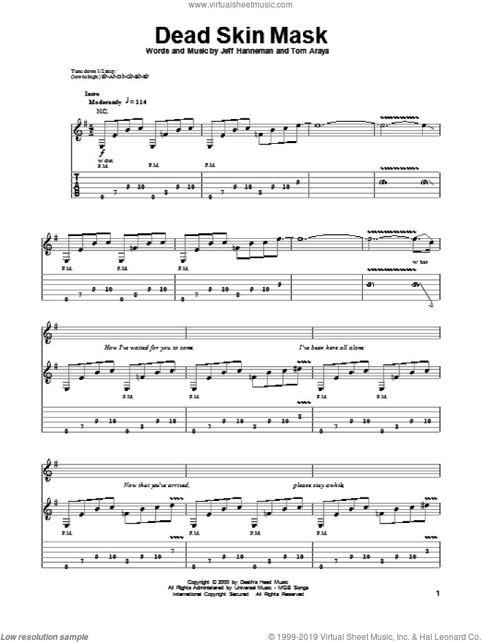 Dead Skin Mask sheet music for guitar (tablature, play-along) by Slayer, intermediate skill level