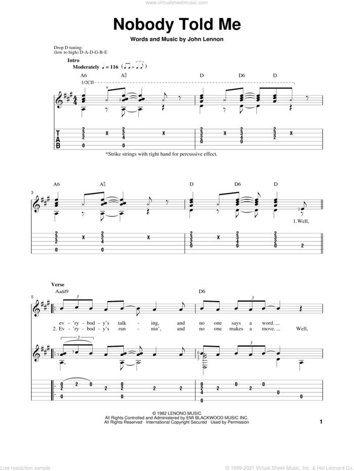 Nobody Told Me sheet music for guitar solo by John Lennon and The Beatles, classical score, intermediate skill level