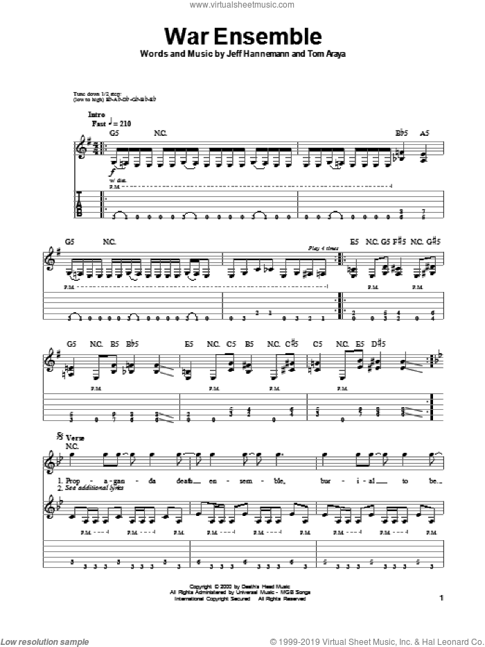 War Ensemble sheet music for guitar (tablature, play-along) by Slayer, intermediate skill level