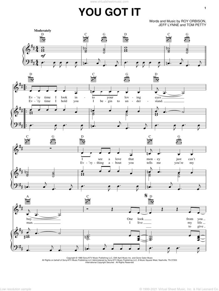 You Got It sheet music for voice, piano or guitar by Tom Petty, Bonnie Raitt, Jeff Lynne and Roy Orbison, intermediate skill level