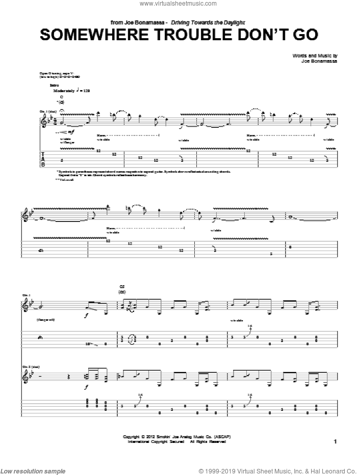 Somewhere Trouble Don't Go sheet music for guitar (tablature) by Joe Bonamassa, intermediate skill level