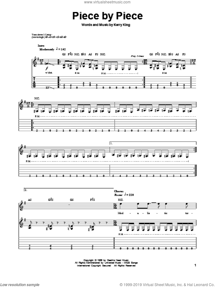 Piece By Piece sheet music for guitar (tablature, play-along) by Slayer, intermediate skill level