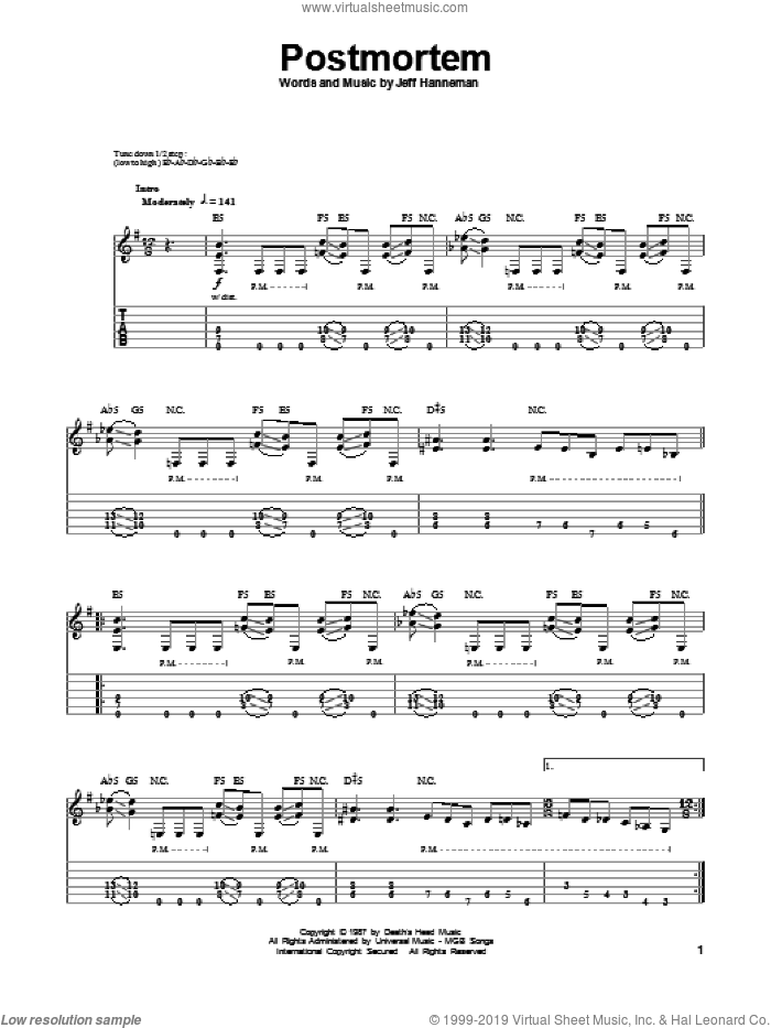 Postmortem sheet music for guitar (tablature, play-along) by Slayer, intermediate skill level