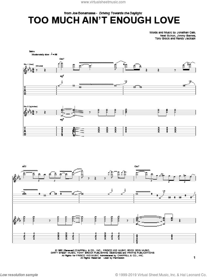 Too Much Ain't Enough Love sheet music for guitar (tablature) by Joe Bonamassa, intermediate skill level