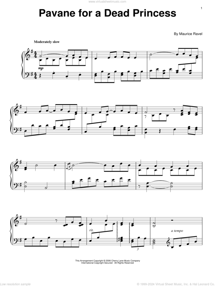 Pavane (For A Dead Princess), (intermediate) sheet music for piano solo by Maurice Ravel, classical score, intermediate skill level