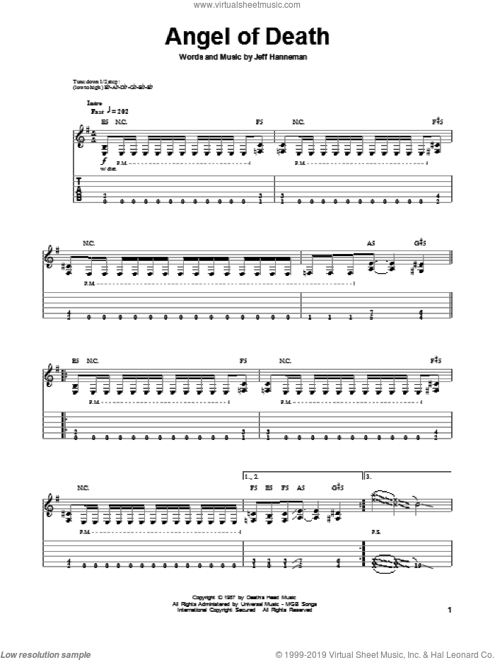 Angel Of Death sheet music for guitar (tablature, play-along) by Slayer, intermediate skill level