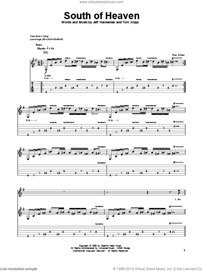South Of Heaven sheet music for guitar (tablature, play-along) by Slayer, intermediate skill level