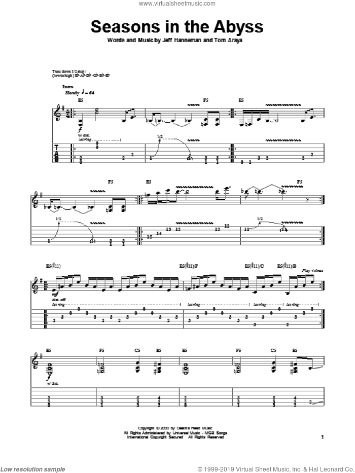 Seasons In The Abyss sheet music for guitar (tablature, play-along) by Slayer, intermediate skill level