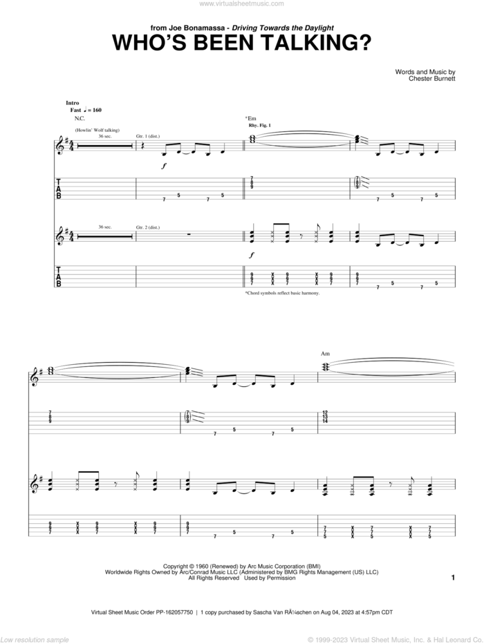 Who's Been Talking sheet music for guitar (tablature) by Joe Bonamassa, intermediate skill level