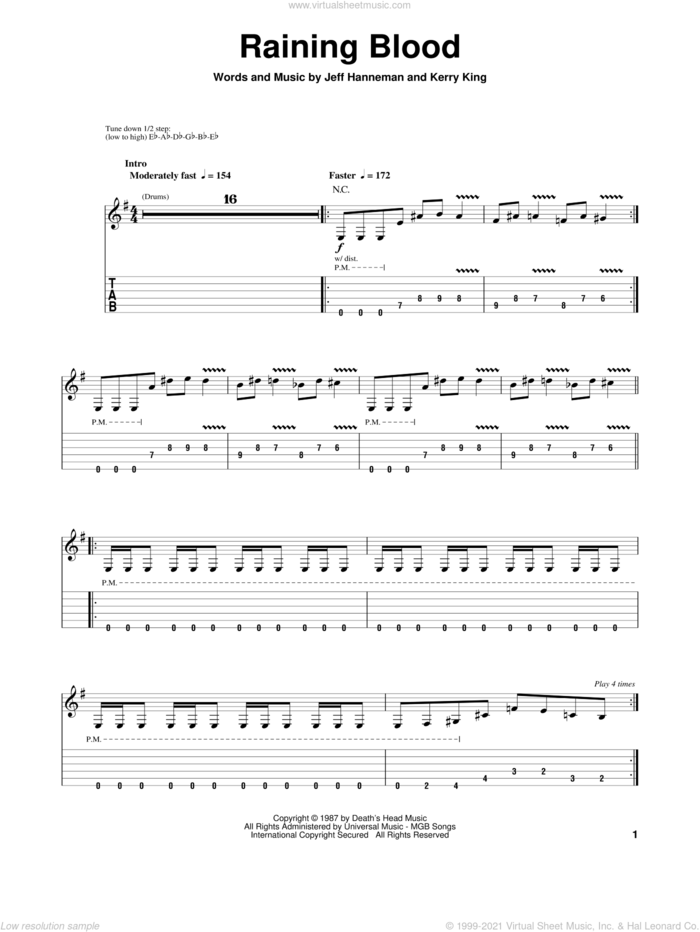 Raining Blood sheet music for guitar (tablature, play-along) by Slayer, intermediate skill level