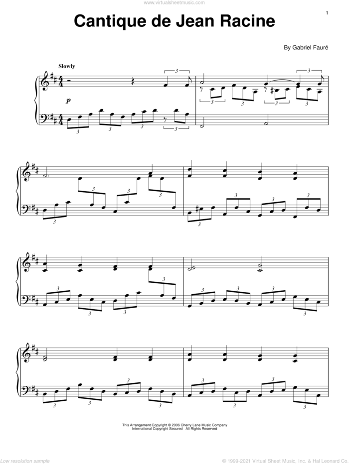 Cantique De Jean Racine, (intermediate) sheet music for piano solo by Gabriel Faure, classical score, intermediate skill level
