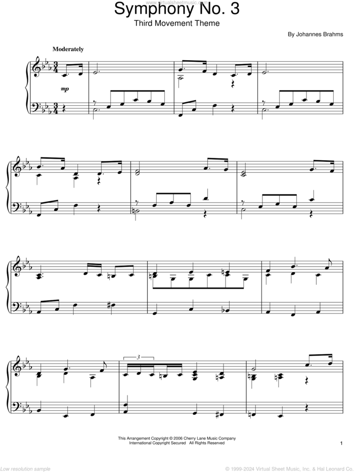 Symphony No. 3, Third Movement Theme, (intermediate) sheet music for piano solo by Johannes Brahms, classical score, intermediate skill level