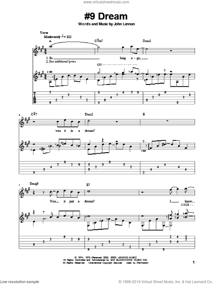 #9 Dream sheet music for guitar solo by John Lennon and The Beatles, classical score, intermediate skill level