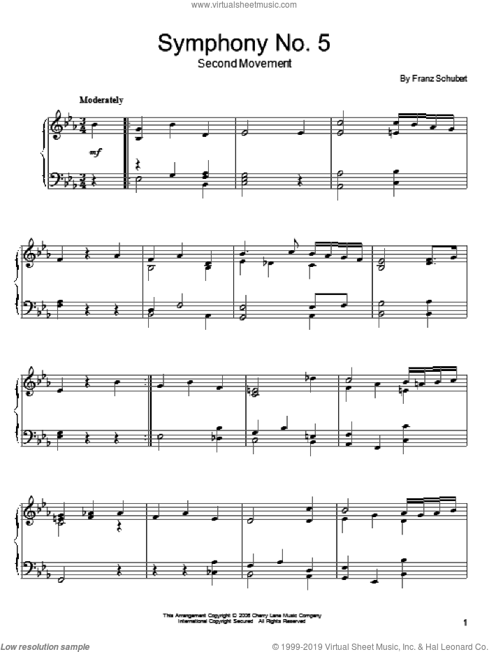 Symphony No. 5, (intermediate) sheet music for piano solo by Franz Schubert, classical score, intermediate skill level