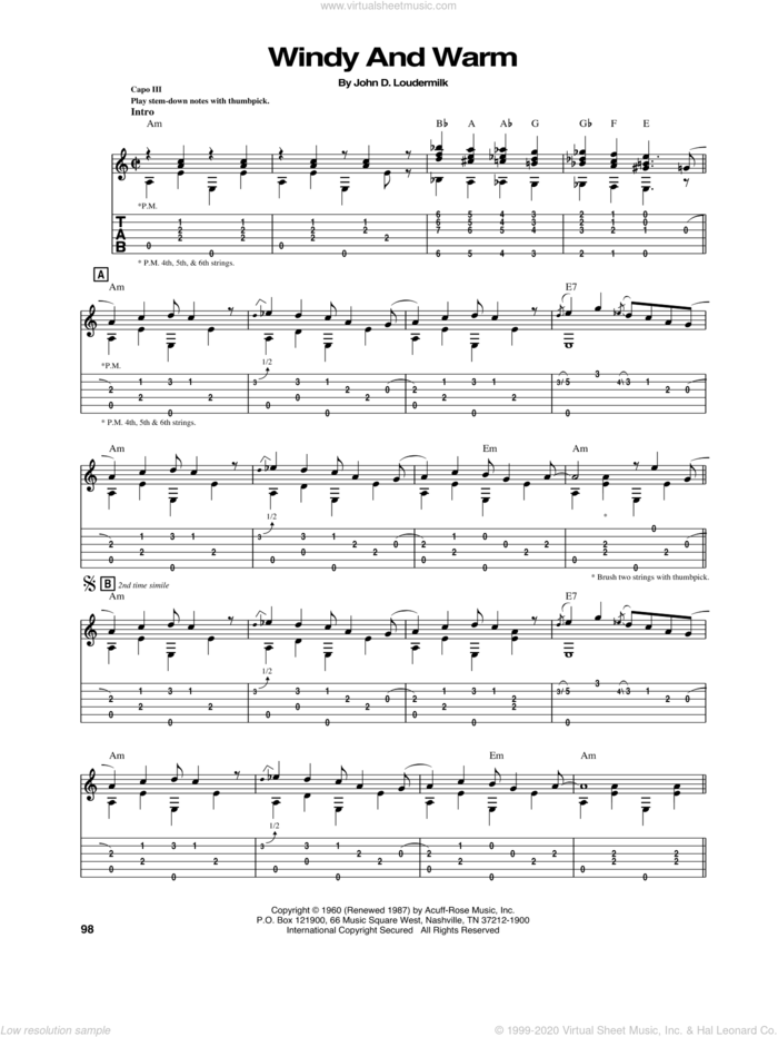 Windy And Warm sheet music for guitar (tablature) by Chet Atkins, intermediate skill level
