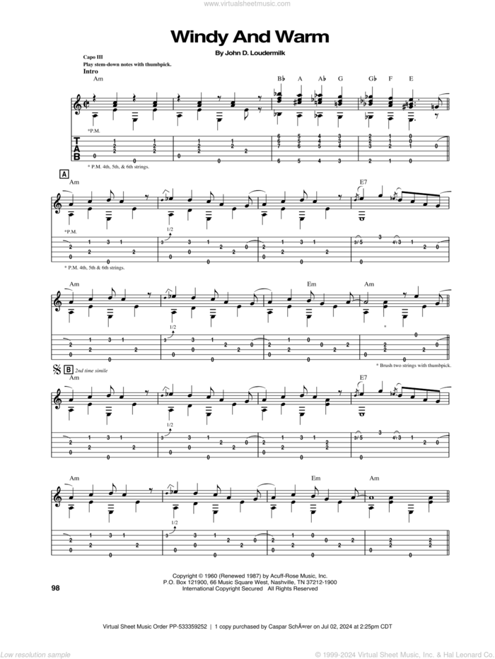 Windy And Warm sheet music for guitar (tablature) by Chet Atkins, intermediate skill level