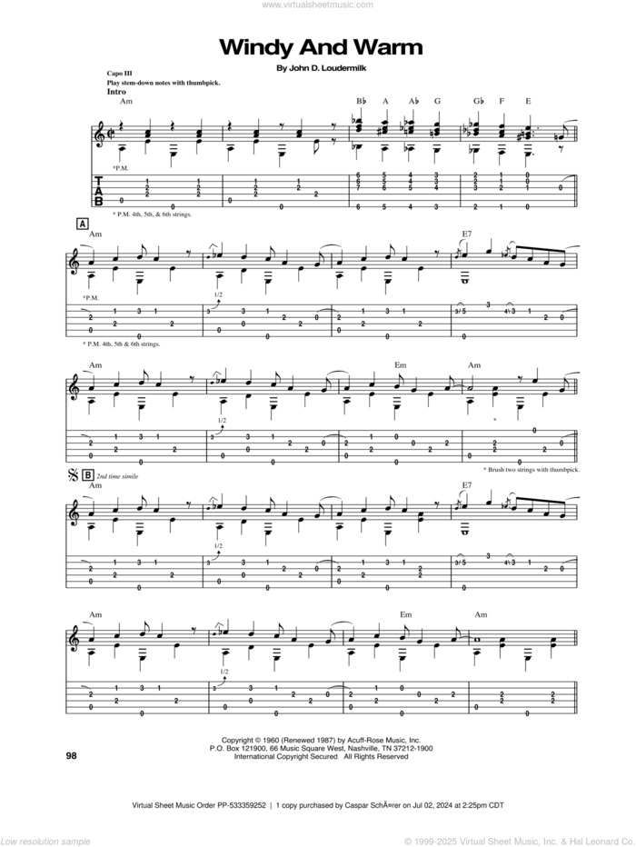 Windy And Warm sheet music for guitar (tablature) by Chet Atkins, intermediate skill level