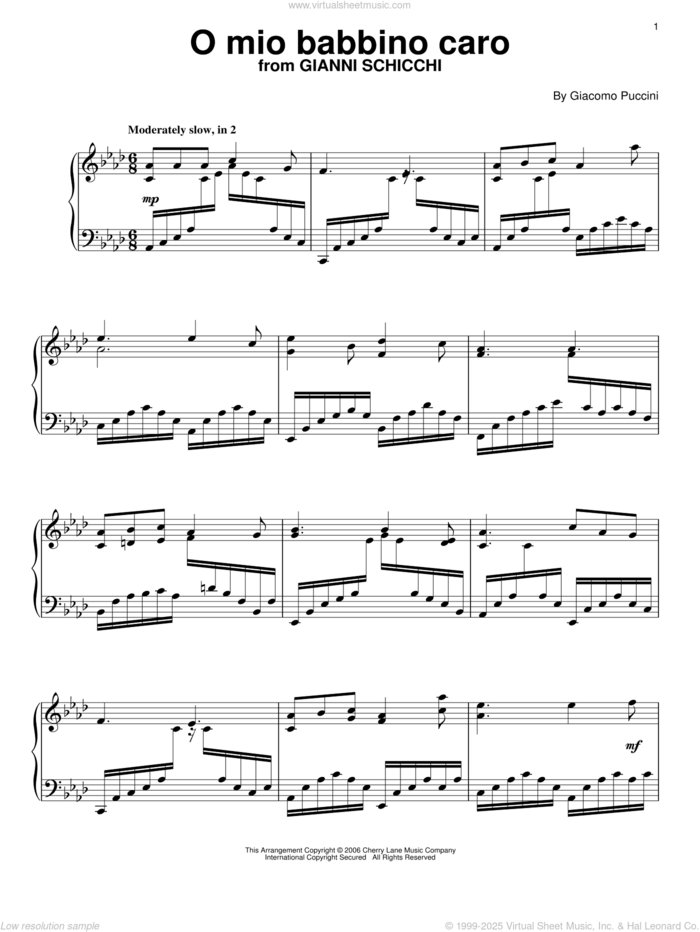 O Mio Babbino Caro sheet music for piano solo by Giacomo Puccini, classical score, intermediate skill level