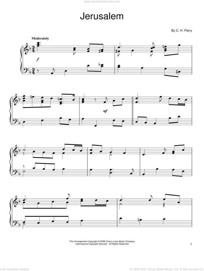 Jerusalem, (intermediate) sheet music for piano solo by C.H. Parry, intermediate skill level