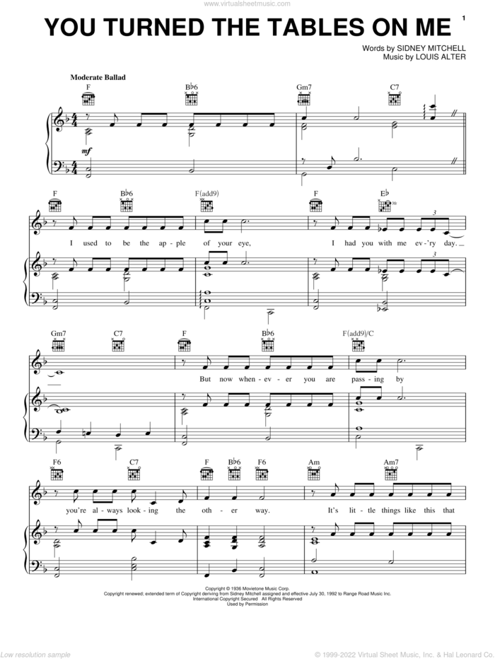 You Turned The Tables On Me sheet music for voice, piano or guitar by Louis Alter and Sidney D. Mitchell, intermediate skill level