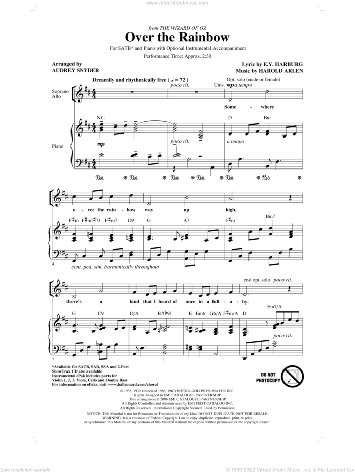 Over The Rainbow (arr. Audrey Snyder) sheet music for choir (SATB: soprano, alto, tenor, bass) by Harold Arlen, E.Y. Harburg and Audrey Snyder, intermediate skill level