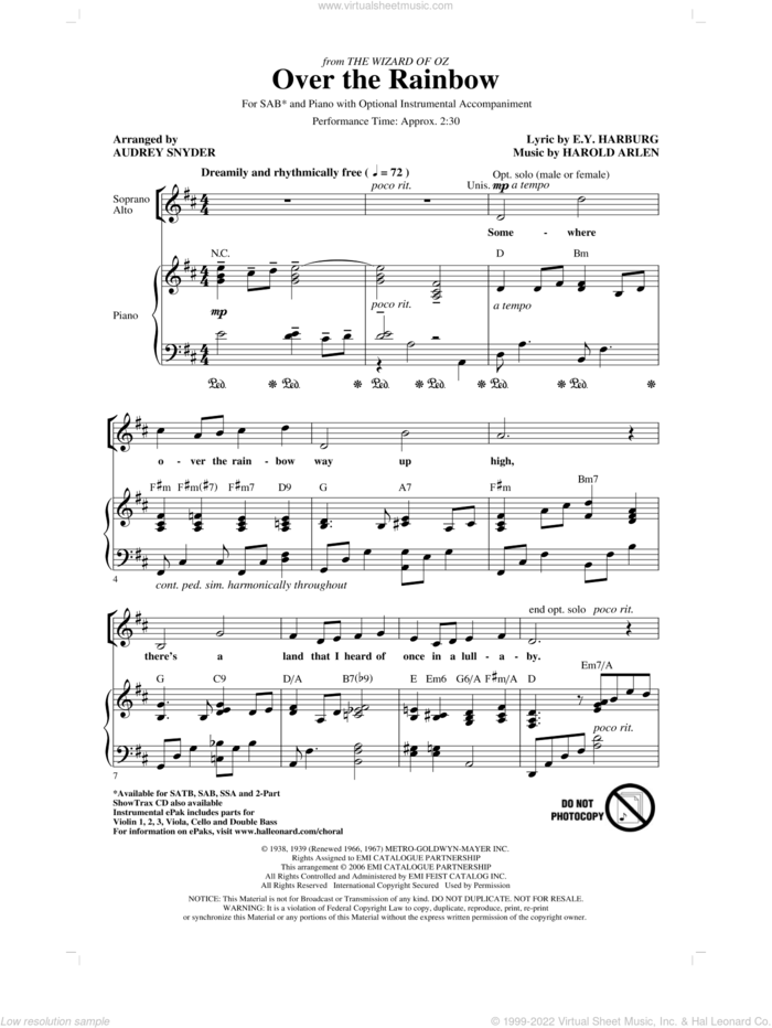 Over The Rainbow (arr. Audrey Snyder) sheet music for choir (SAB: soprano, alto, bass) by Harold Arlen, E.Y. Harburg and Audrey Snyder, intermediate skill level