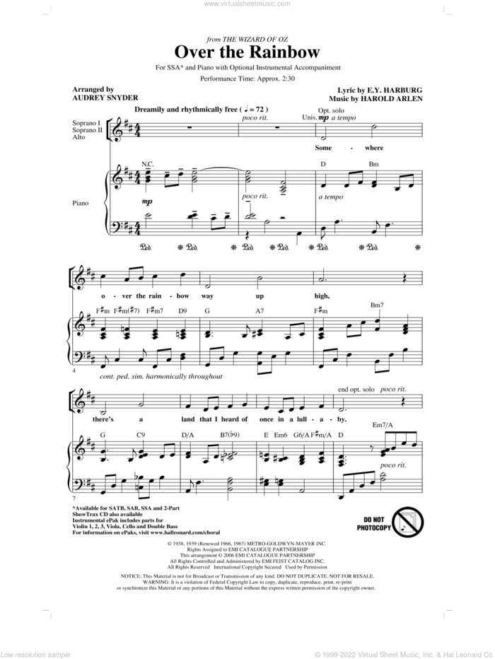 Over The Rainbow (arr. Audrey Snyder) sheet music for choir (SSA: soprano, alto) by Harold Arlen, E.Y. Harburg and Audrey Snyder, intermediate skill level