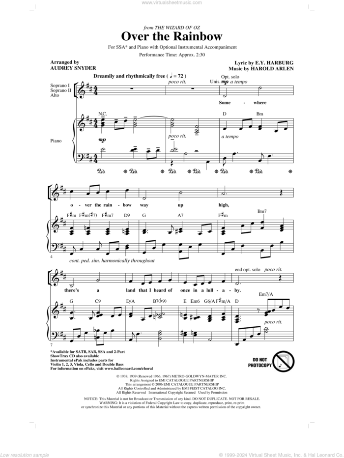 Over The Rainbow (arr. Audrey Snyder) sheet music for choir (SSA: soprano, alto) by Harold Arlen, E.Y. Harburg and Audrey Snyder, intermediate skill level