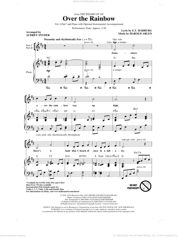 Over The Rainbow (arr. Audrey Snyder) sheet music for choir (2-Part) by Harold Arlen, E.Y. Harburg and Audrey Snyder, intermediate duet