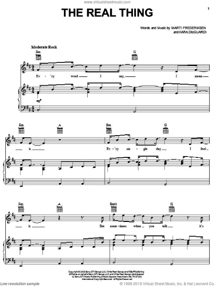 The Real Thing sheet music for voice, piano or guitar by Bo Bice, American Idol, Kara DioGuardi and Marti Frederiksen, intermediate skill level
