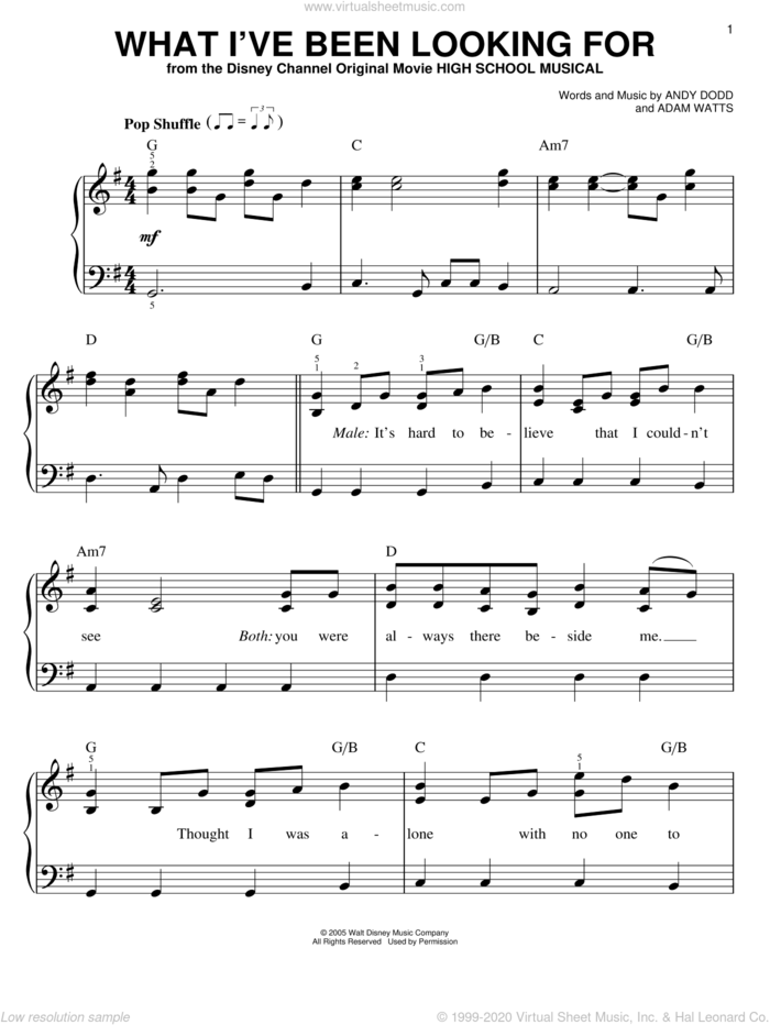 What I've Been Looking For sheet music for piano solo by High School Musical, Adam Watts and Andy Dodd, easy skill level