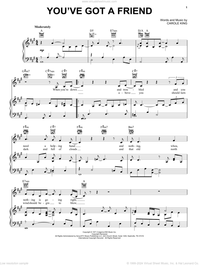 You've Got A Friend sheet music for voice, piano or guitar by Carole King and James Taylor, intermediate skill level