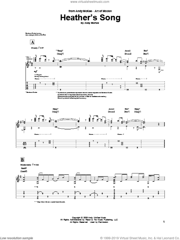 Heather's Song sheet music for guitar (tablature) by Andy McKee, intermediate skill level