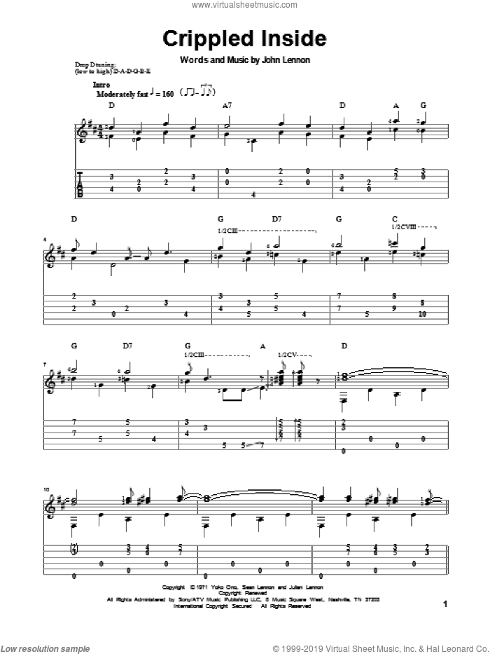 Crippled Inside sheet music for guitar solo by John Lennon and The Beatles, classical score, intermediate skill level