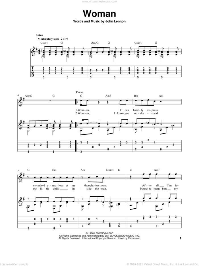 Woman sheet music for guitar solo by John Lennon and The Beatles, classical score, intermediate skill level