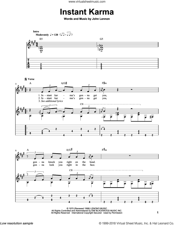 Instant Karma sheet music for guitar solo by John Lennon and The Beatles, classical score, intermediate skill level