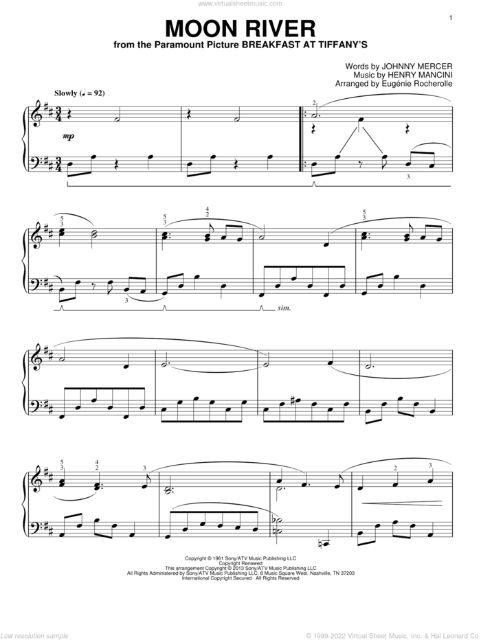 Moon River sheet music for piano solo by Henry Mancini, wedding score, intermediate skill level