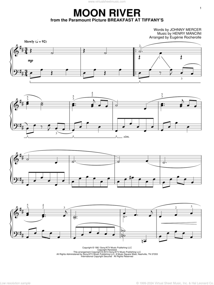 Moon River sheet music for piano solo by Henry Mancini, wedding score, intermediate skill level