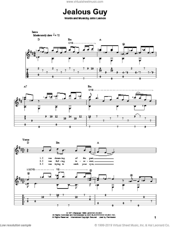 Jealous Guy sheet music for guitar solo by John Lennon and The Beatles, classical score, intermediate skill level