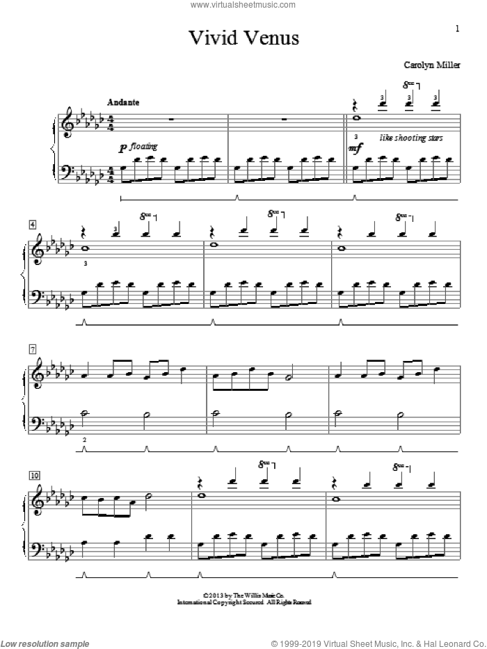 Vivid Venus sheet music for piano solo (elementary) by Carolyn Miller, classical score, beginner piano (elementary)