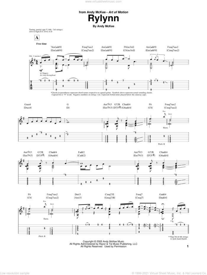 Rylynn sheet music for guitar (tablature) by Andy McKee, intermediate skill level