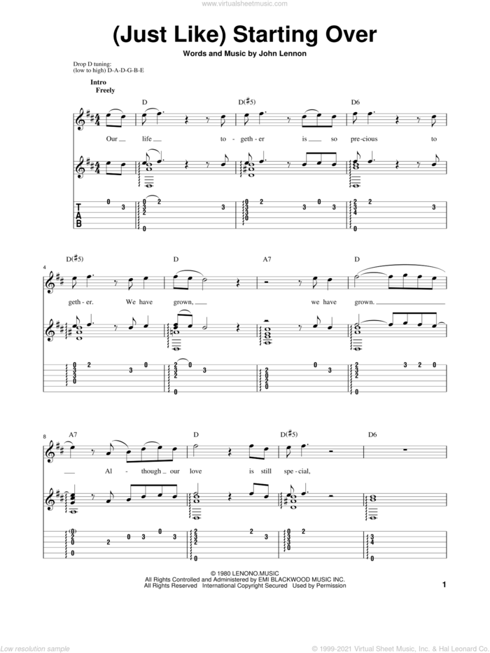 (Just Like) Starting Over sheet music for guitar solo by John Lennon and The Beatles, classical score, intermediate skill level